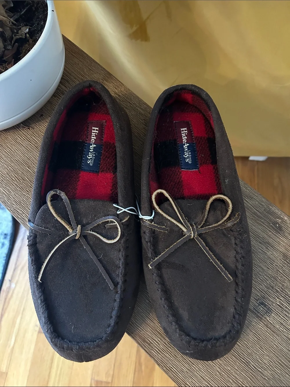Brown Suede Moccasin Slippers with Red Plaid Lining